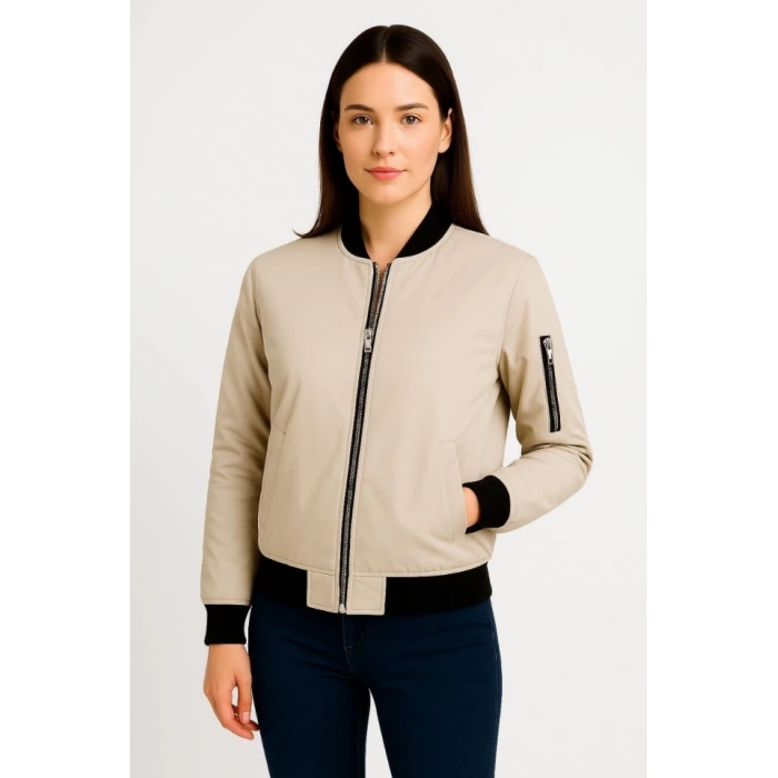 MDB Içi Astarlı Fermuarlı Bomber ont Ceket  Bej