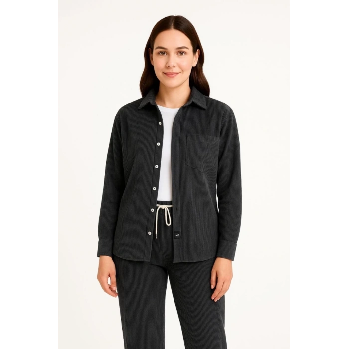 MDB Kadife Oversize Takım – Gömlek Ve Pantolon İkili et Füme Corduroy Şıklığı, Rahat Ve Zarif Duruş Yumuşak Dokulu Kadife Kumaş, Düğmeli Gömlek Üst Ve astikli Pantolon Alt Parça Ile Gün Boyu Konfor iyah