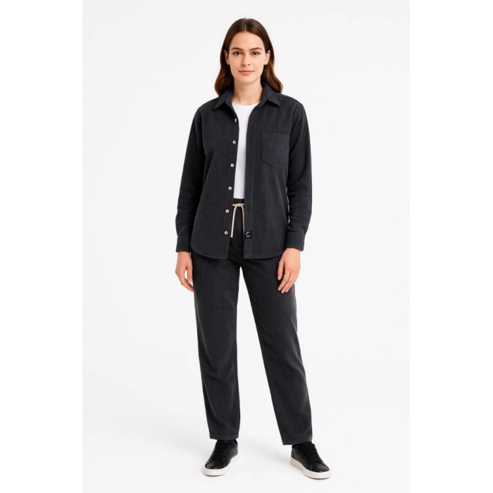 MDB Kadife Oversize Takım – Gömlek Ve Pantolon İkili et Füme Corduroy Şıklığı, Rahat Ve Zarif Duruş Yumuşak Dokulu Kadife Kumaş, Düğmeli Gömlek Üst Ve astikli Pantolon Alt Parça Ile Gün Boyu Konfor iyah