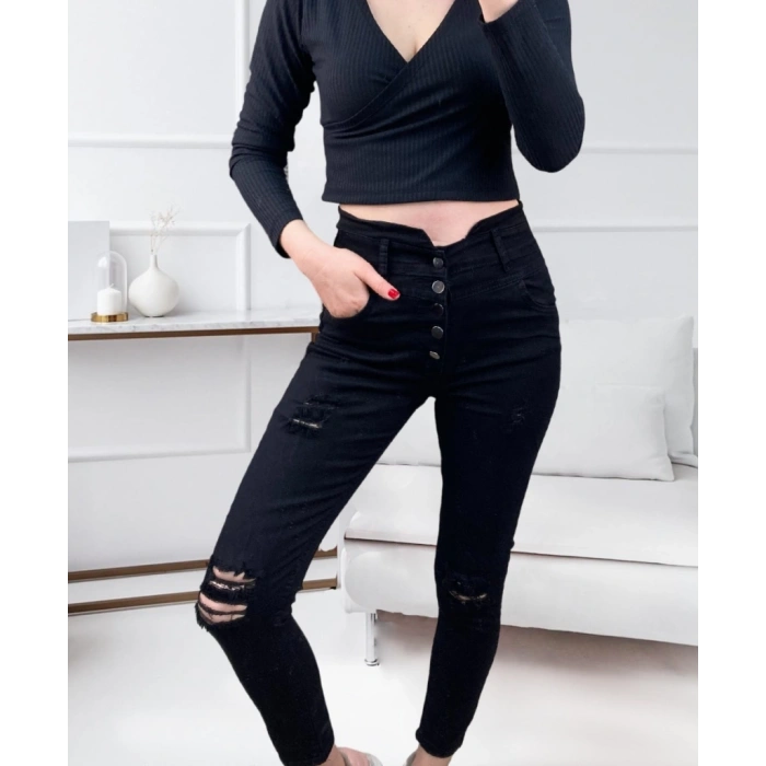 MDB Kadın 5 Düğmeli V Detay Bel Yırtık Kot