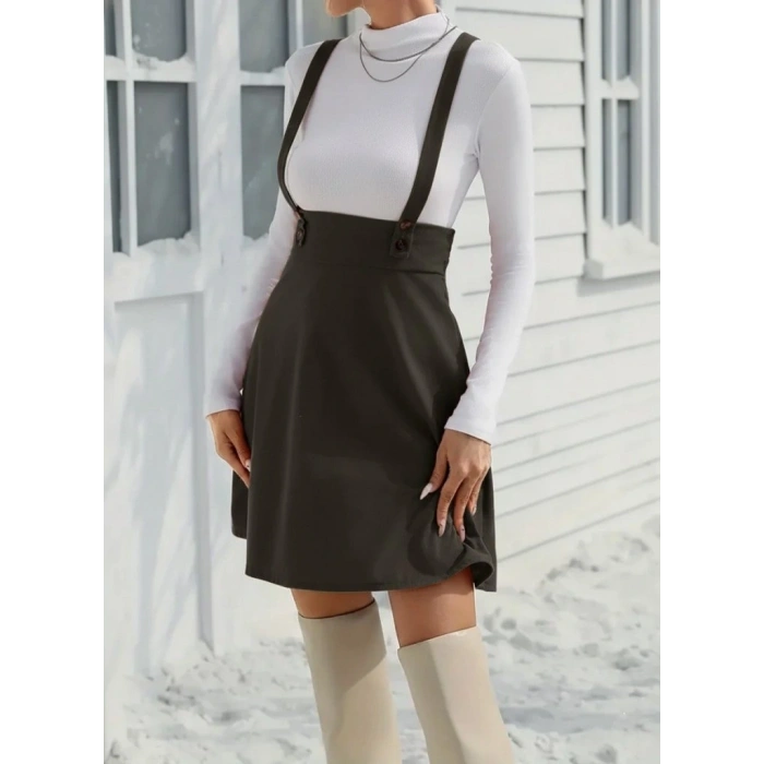 MDB Kadın Askılı Düğmeli Mini Süet Elbise