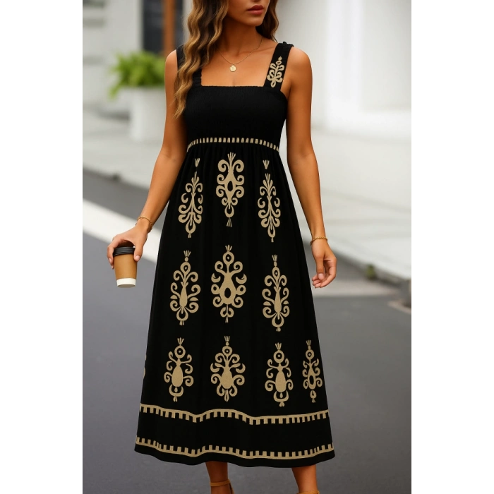 MDB Kadın Askılı Kare Yaka Gipe Detaylı Desenli Suprem Elbise