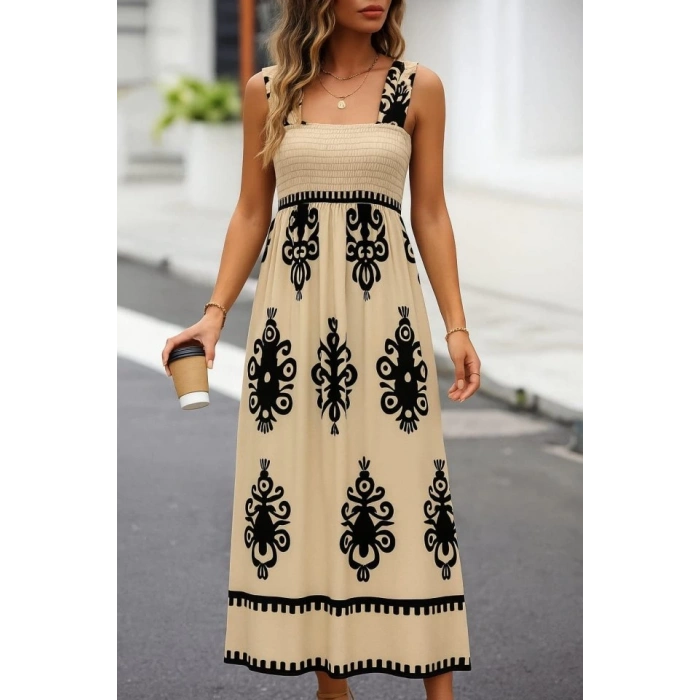 MDB Kadın Askılı Kare Yaka Gipe Detaylı Desenli Suprem Elbise