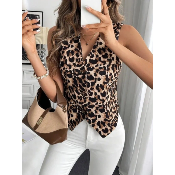 MDB Kadın Askılı V Yakalı önden Düğmeli Leopar Desenli Atlas Ceket