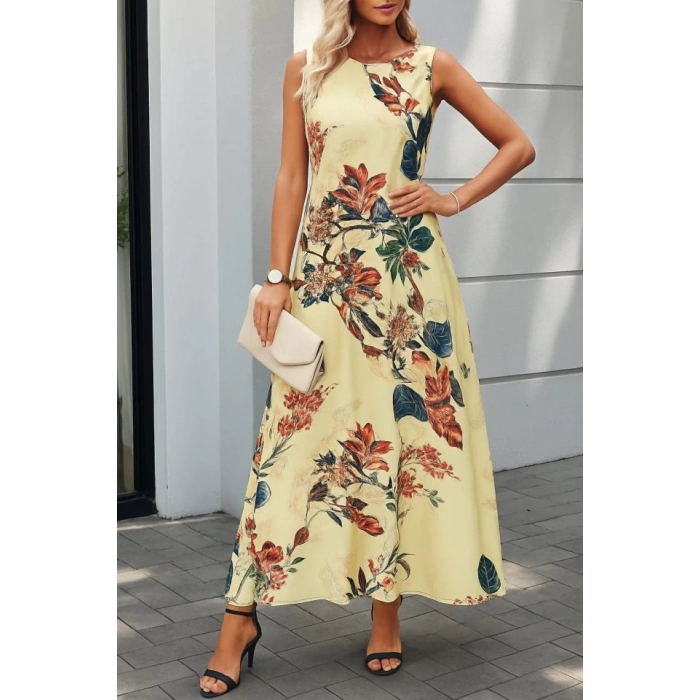 MDB Kadın Askılı Yuvarlak Yaka Cepli Desenli Süprem Elbise