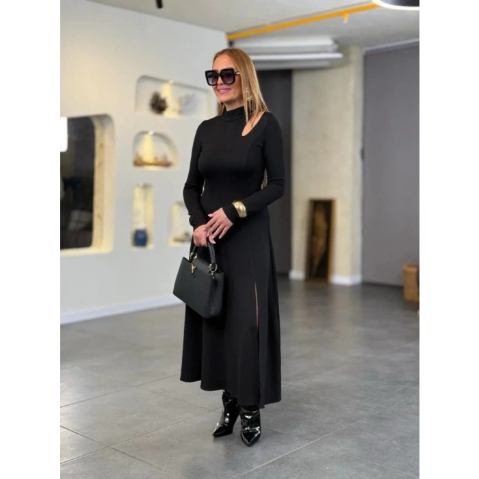 MDB Kadın Balıkçı Yaka Damla Detaylı Yırtmaçlı Uzun Viskon Iki Iplik Maxi Elbise