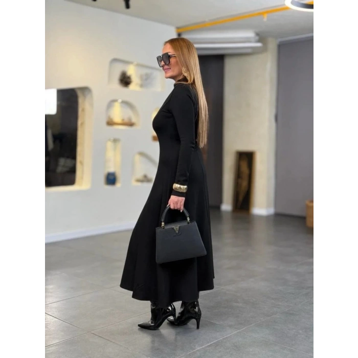 MDB Kadın Balıkçı Yaka Damla Detaylı Yırtmaçlı Uzun Viskon Iki Iplik Maxi Elbise