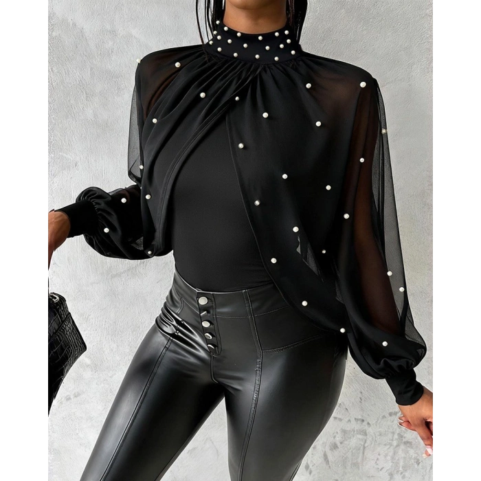 MDB Kadın Balıkçı Yaka Incili Pelerin Ithal Krep Bluz