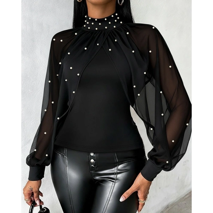 MDB Kadın Balıkçı Yaka Incili Pelerin Ithal Krep Bluz