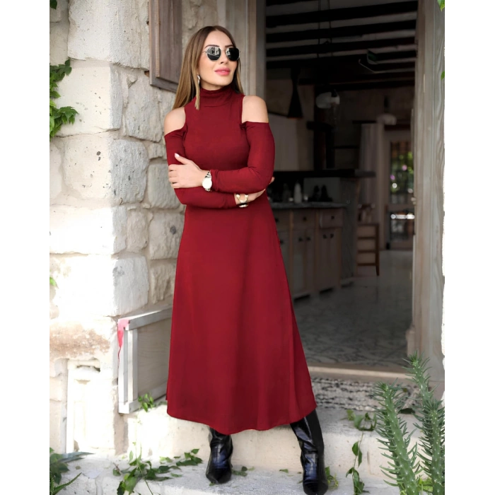 MDB Kadın Balıkçı Yaka Omuzlardan Açık Uzun Kollu Janjan Krep Elbise