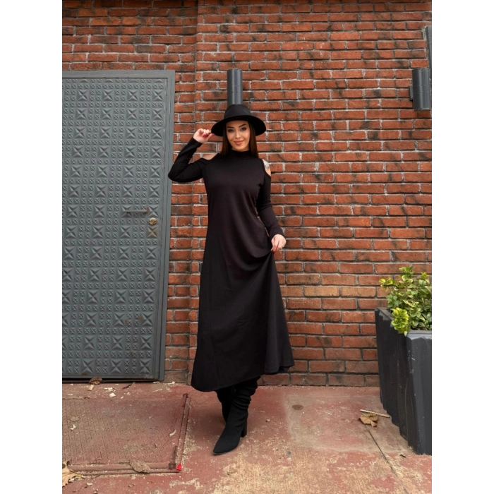 MDB Kadın Balıkçı Yaka Omuzlardan Açık Uzun Kollu Janjan Krep Elbise