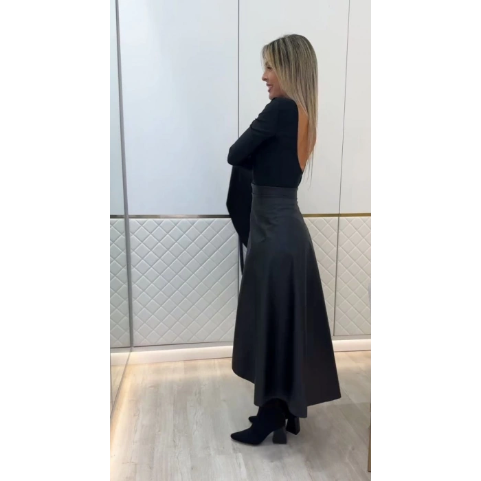 MDB Kadın Belden Kuşaklı Uzun Deri Etek