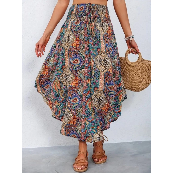 MDB Kadın Beli Lastikli Bağcıklı Asimetrik Kesim Detaylı Desenli Bürümcük Etek