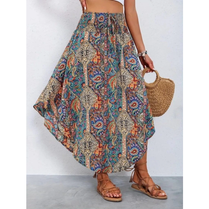 MDB Kadın Beli Lastikli Bağcıklı Asimetrik Kesim Detaylı Desenli Bürümcük Etek