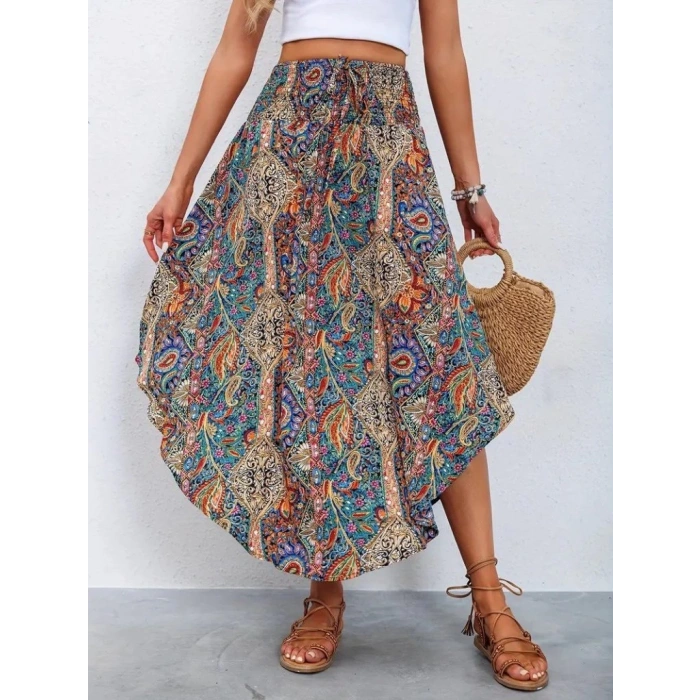 MDB Kadın Beli Lastikli Bağcıklı Asimetrik Kesim Detaylı Desenli Bürümcük Etek