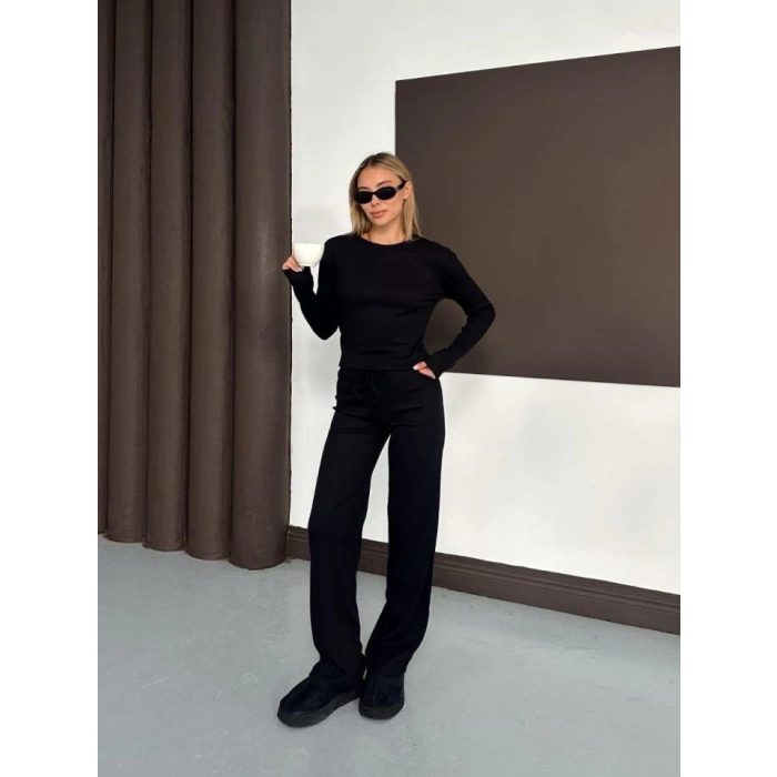 MDB Kadın Bisiklet Yaka Parmak Geçme Detay Uzun Kollu Bluz Ve Pantolon Ikili Takım