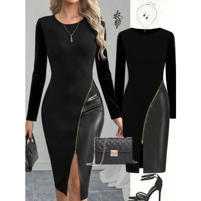 MDB Kadın Bisiklet Yaka Uzun Kollu Deri Ve Fermuar Detay Mini Yırtmaçlı Elbise