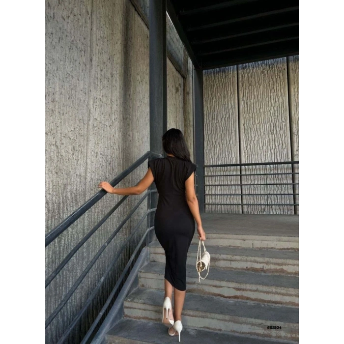 MDB Kadın Bisiklet Yaka Vatkalı Broş Detay Kısa Kol idi Boy Elbise