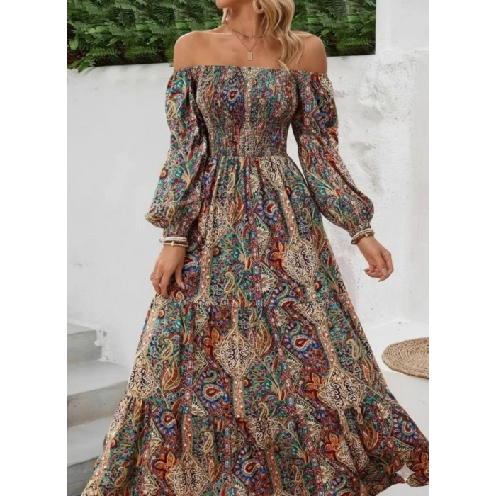 MDB Kadın Düşük Omuzlu Beli Büzgülü Dijital Desenli Kesik Elyaf Süprem Uzun Elbise