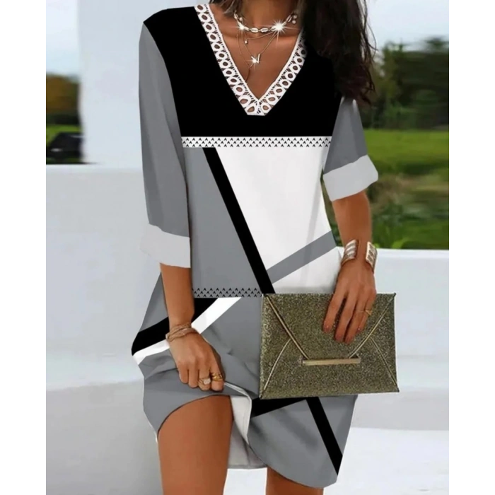 MDB Kadın Fakir Kollu V Dantel Yaka Geometrik Desenli Dalgıç Elbise