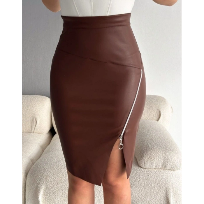 MDB Kadın Fermuarlı Deri Kumaş Mini Etek