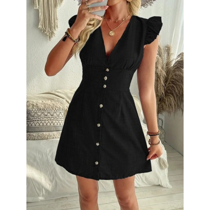 MDB Kadın Fırfır Kollu V Yakalı Düğmeli Keten Elbise