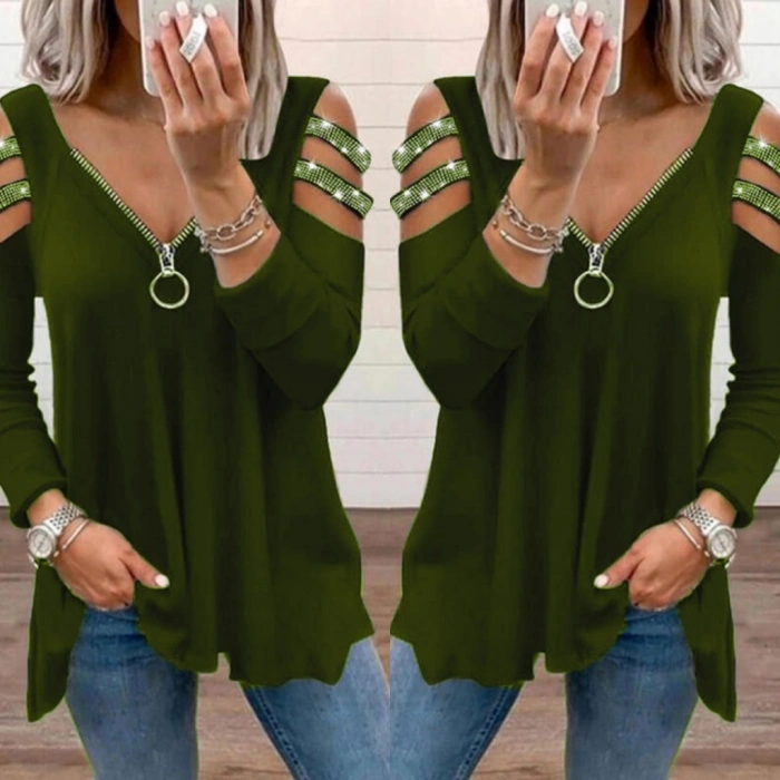 MDB Kadın Haki Kolları Taş Işlemeli Uzun Kol Fermuarlı Viskon Bluz