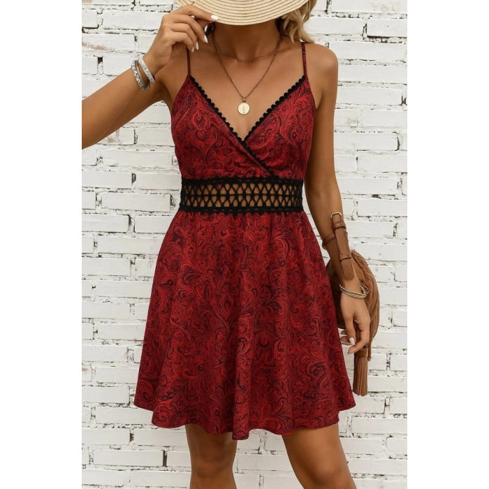 MDB Kadın Ip Askılı Kruvaze Yakalı Desenli Mini Süprem Mini Elbise