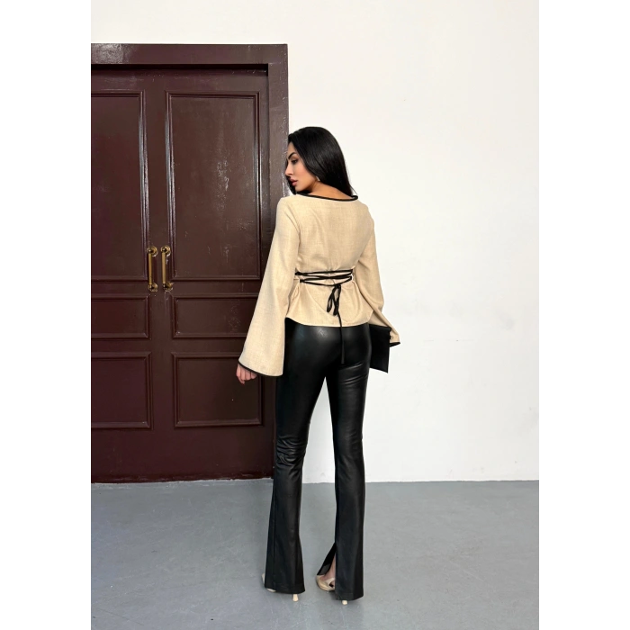 MDB Kadın İspanyol Kol Arkası Bağcık Ip Detay Keten Bluz