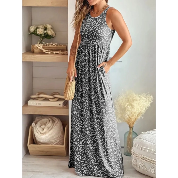 MDB Kadın Kalın Askılı Yuvarlak Yaka Cepli Süprem Maksi Elbise