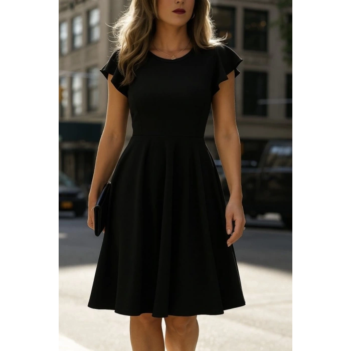 MDB Kadın Kelebek Kollu Bisiklet Yakalı Pileli Ithal Krep Elbise