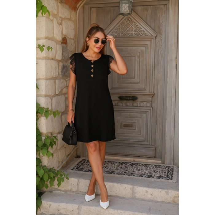 MDB Kadın Kısa Dantel Kollu önden Düğmeli Viskon Elbise