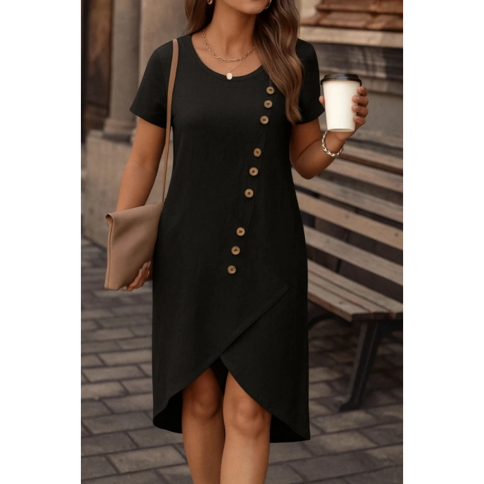 MDB Kadın Kısa Kollu Bisiklet Yaka Düğme Detay Müslim Elbise