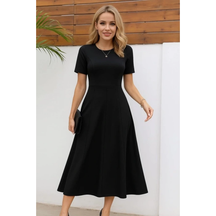 MDB Kadın Kısa Kollu Bisiklet Yaka Maksi Boy Ithal Krep Elbise