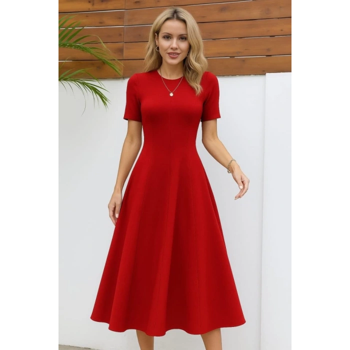 MDB Kadın Kısa Kollu Bisiklet Yaka Maksi Boy Ithal Krep Elbise