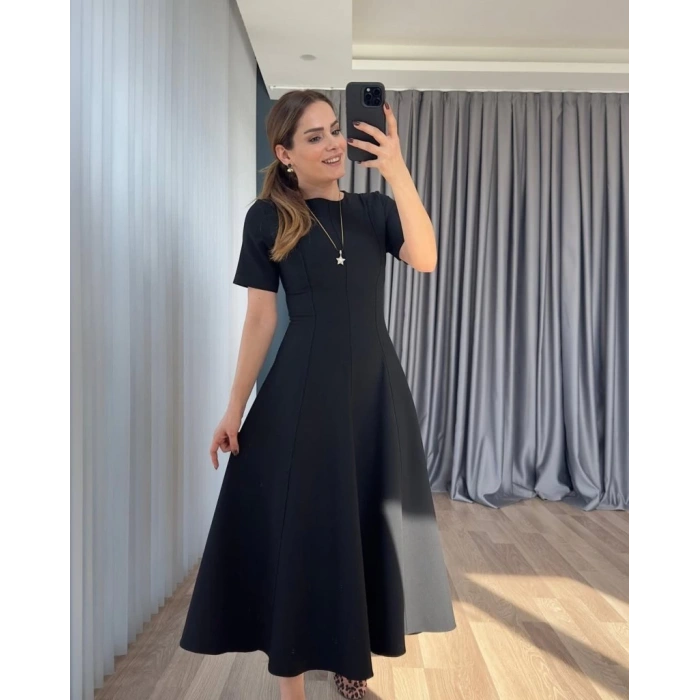 MDB Kadın Kısa Kollu Bisiklet Yaka Maksi Boy Ithal Krep Elbise