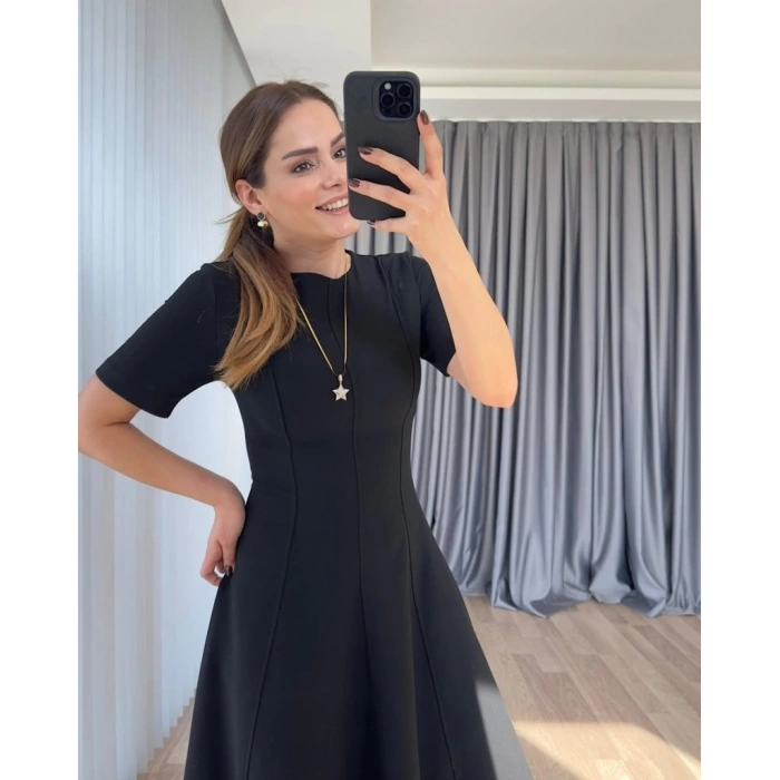 MDB Kadın Kısa Kollu Bisiklet Yaka Maksi Boy Ithal Krep Elbise