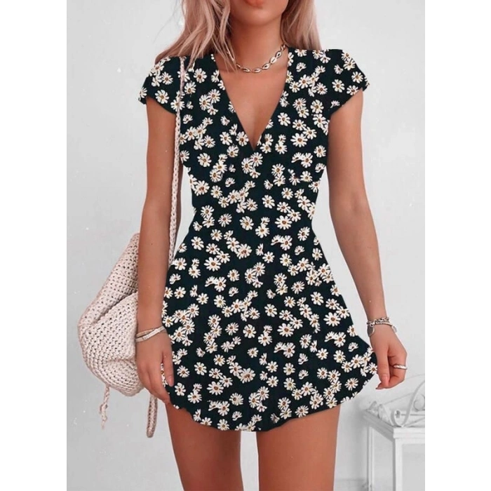 MDB Kadın Kısa Kollu Kruvaze Yaka Papatya Baskılı Krep Elbise