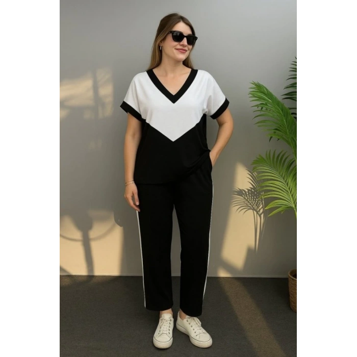 MDB Kadın Kısa Kollu V Yaka Siyah Beyaz Renkli Viskon Iki Iplik Kumaş Eşofman Takımı