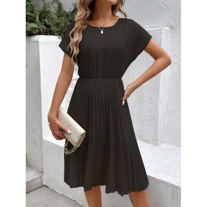 MDB Kadın Kısa Kollu Yakası Açık Belden Lastikli Pileli Kısa Ithal Krep Elbise