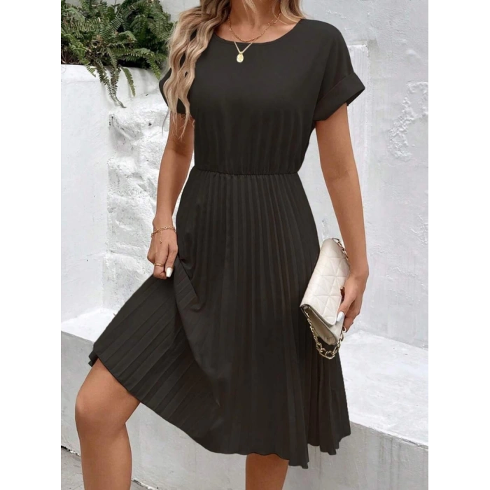 MDB Kadın Kısa Kollu Yakası Açık Belden Lastikli Pileli Kısa Ithal Krep Elbise