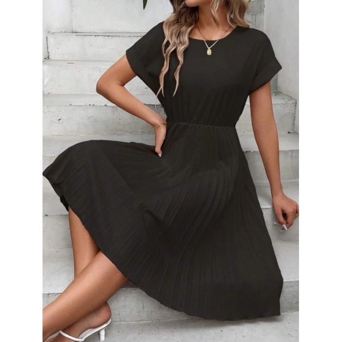 MDB Kadın Kısa Kollu Yakası Açık Belden Lastikli Pileli Kısa Ithal Krep Elbise