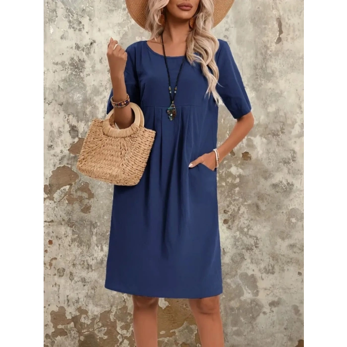 MDB Kadın Kısa Kollu Yakası Açık önden Büzgülü Cep Detaylı Viskon Iki Iplik Elbise