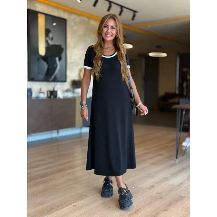 MDB Kadın Kısa Kollu Yuvarlak Yaka Yandan Yırtmaçlı Midi Viskon Elbise