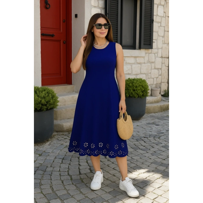 MDB Kadın Kolsuz Etek Ucu Lazer Kesim çiçek Desenli Midi Boy Ithal Krep Elbise