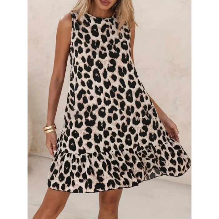 MDB Kadın Kolsuz Sırttan Bağlamalı Fırfırlı Leopar Desenli Süprem Elbise