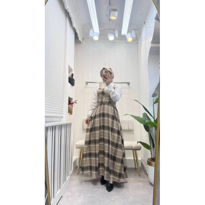 MDB Kadın Omuz Askılı Full Ekose Detay Elbise