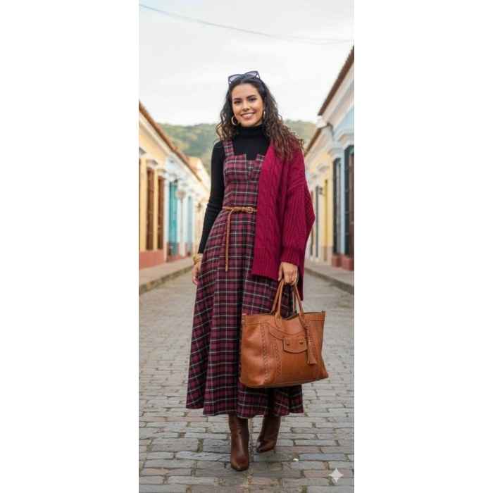 MDB Kadın Omuz Askılı Full Ekose Detay Elbise