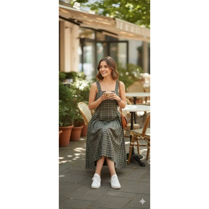 MDB Kadın Omuz Askılı Full Ekose Detay Elbise