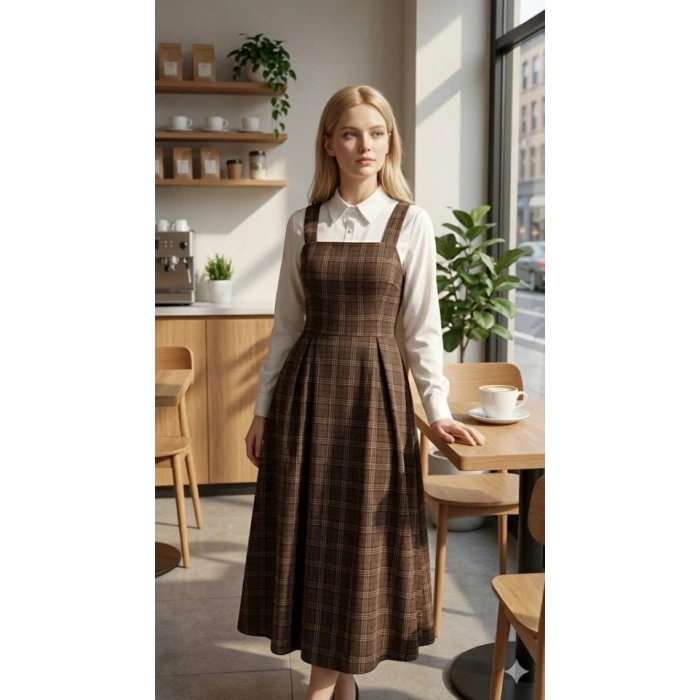 MDB Kadın Omuz Askılı Full Ekose Detay Elbise